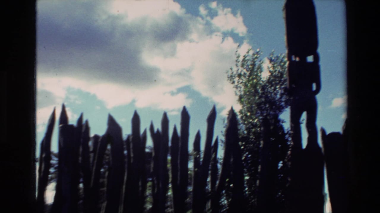New Zealand 1981 8mm frame with dark carved wooden forms and pointed fencing silhouetted against blue sky and clouds.