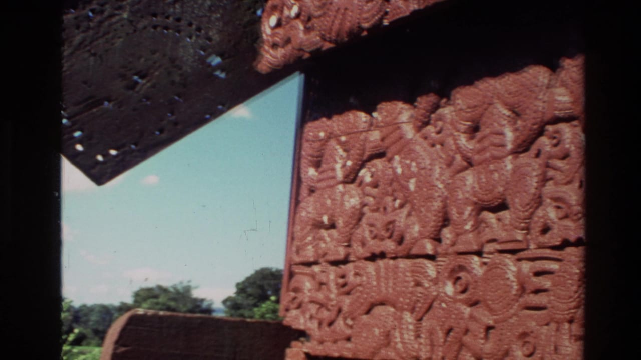 Close 8mm frame of red carved Māori architectural panels in New Zealand, with a dark roof edge and sky visible.