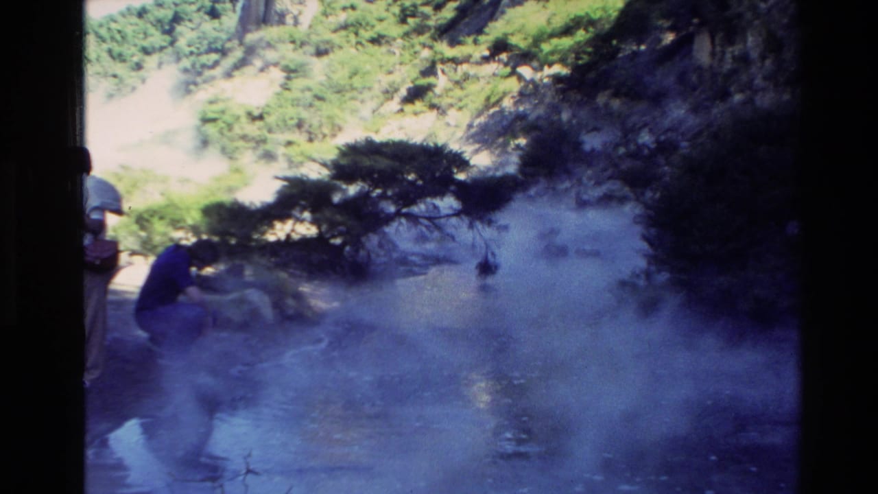 1981 New Zealand home-movie frame showing visitors near a steaming geothermal area with trees and hillside vegetation.
