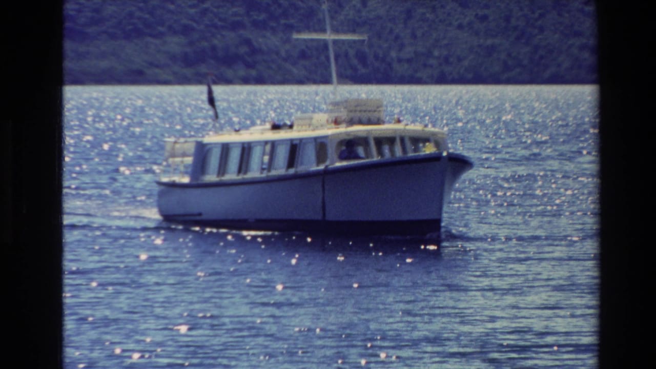 White motorboat closer to camera on rippled water near a wooded shore.