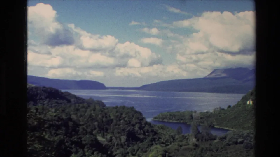 Elevated 1981 New Zealand landscape view with forested slopes, a broad lake, distant mountains, and scattered clouds.
