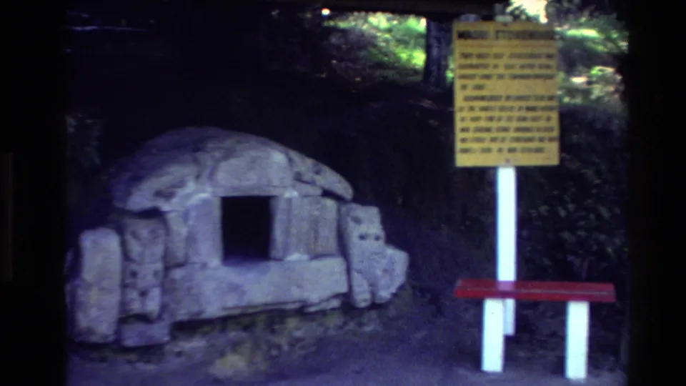 1981 New Zealand frame showing a small stone structure, interpretive sign, and bench in the Te Wairoa Buried Village grounds.