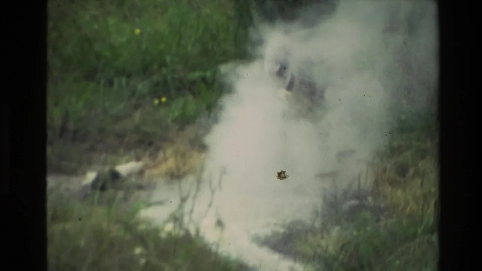 1981 New Zealand 8mm frame with dense white steam obscuring part of a grassy geothermal vent area.