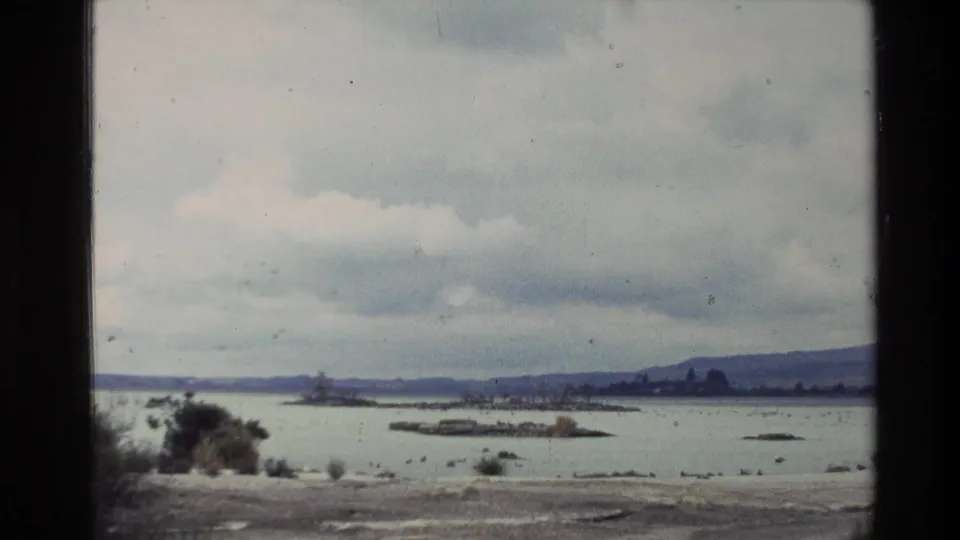 1981 New Zealand 8mm view across a pale lake or geothermal basin near Wairakei, with low scrub, distant hills, and birds in flight.