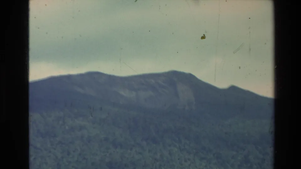 1981 New Zealand home-movie frame showing a distant mountain ridge and forested slope under an overcast sky.