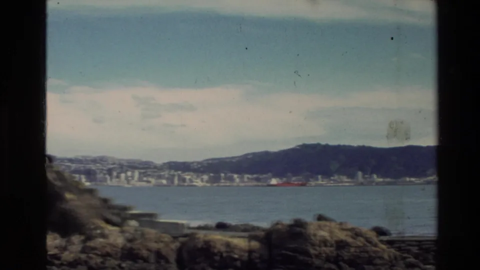 1981 New Zealand harbor frame showing rocky foreground, distant waterfront buildings, hills, and a small red vessel or object near shore.