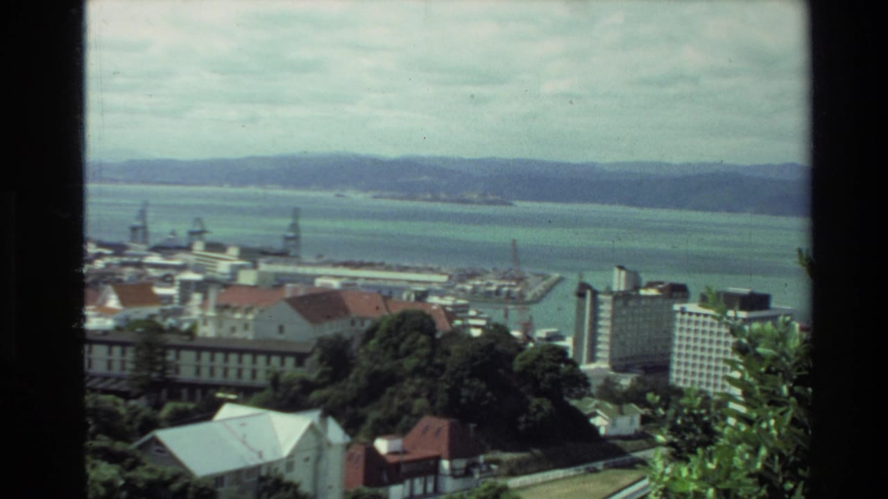 1981 New Zealand 8mm view across a coastal city, with harbor cranes, mid-rise buildings, green foreground slopes, bay water, and distant hills.
