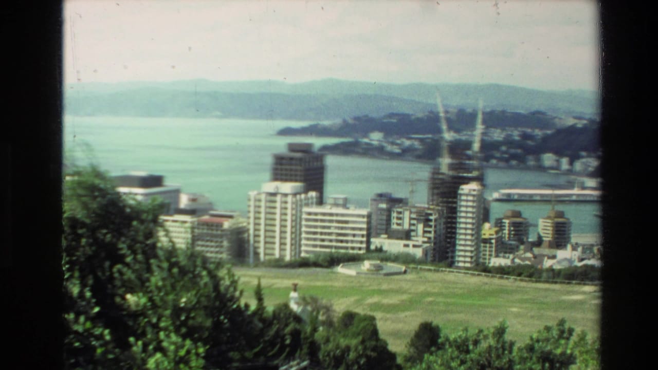 1981 New Zealand coastal city view with high-rise buildings, a waterfront construction area, harbor water, green foreground ground, and distant hills.