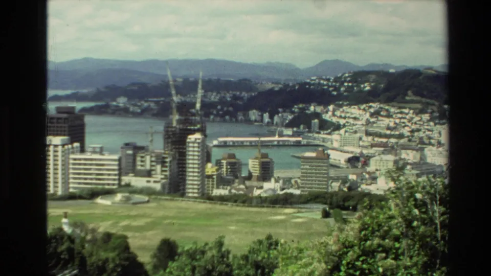 1981 New Zealand harbor city panorama with cranes, waterfront buildings, hillside residences, green foreground trees, bay water, and distant mountains.