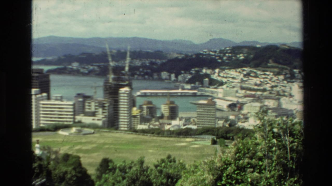 Coastal city skyline with harbor, hills, grass, trees, and modern buildings.