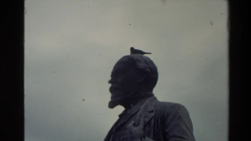 1981 New Zealand 8mm frame showing a close-up of the statue's head and shoulders, with a small bird perched on the top of the head.