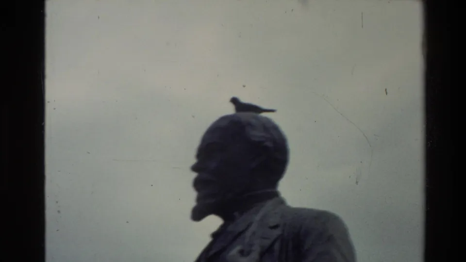 1981 New Zealand 8mm frame showing a bearded bronze statue with a bird perched on its head against an overcast sky.