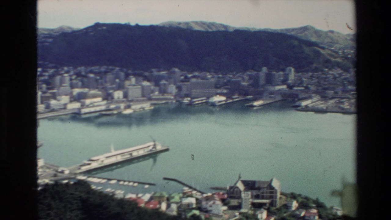 Elevated view of a coastal city, harbor water, ferry wharf, and hills behind the skyline.