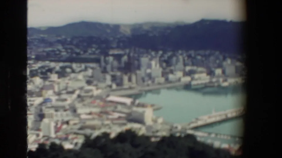 1981 New Zealand coastal city viewed from above, showing harbor water, waterfront buildings, ferry wharf, hillside foreground, and mountains.