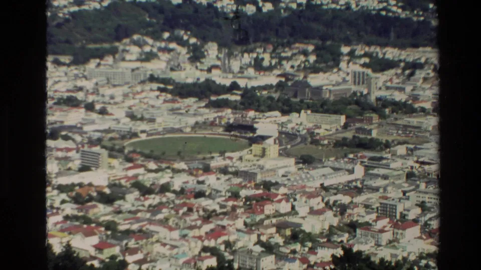 Elevated 1981 New Zealand view of a green stadium set among residential roofs, civic buildings, and hillside greenery.