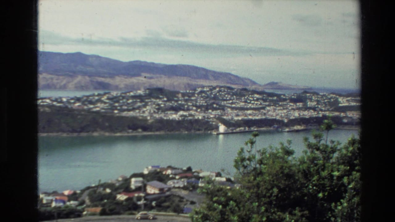 1981 New Zealand 8mm view of a coastal town beside a broad body of water, framed by dark film borders and foreground bush.