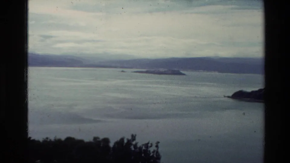 1981 New Zealand 8mm frame looking across calm bay water toward a small island or peninsula and distant hills.