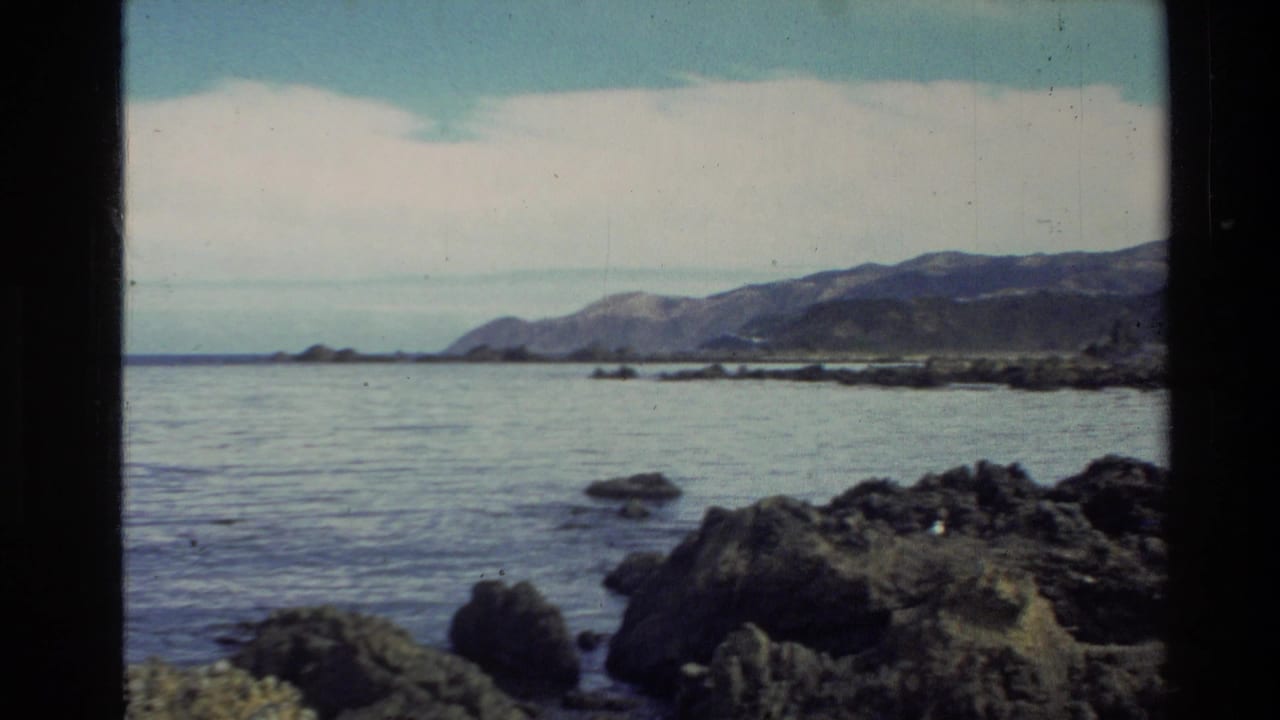 Rocky shoreline with calm blue sea and distant mountains under a pale cloudy sky.