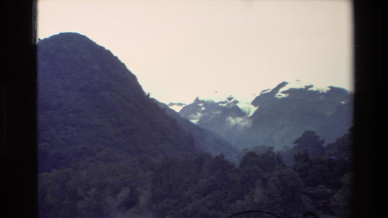 1982 New Zealand 8mm frame showing snow-capped peaks behind dark wooded slopes and a pale sky.