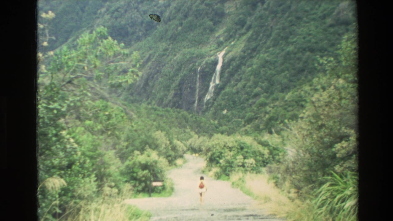 Small person walking on a dirt path toward a waterfall in a green valley.