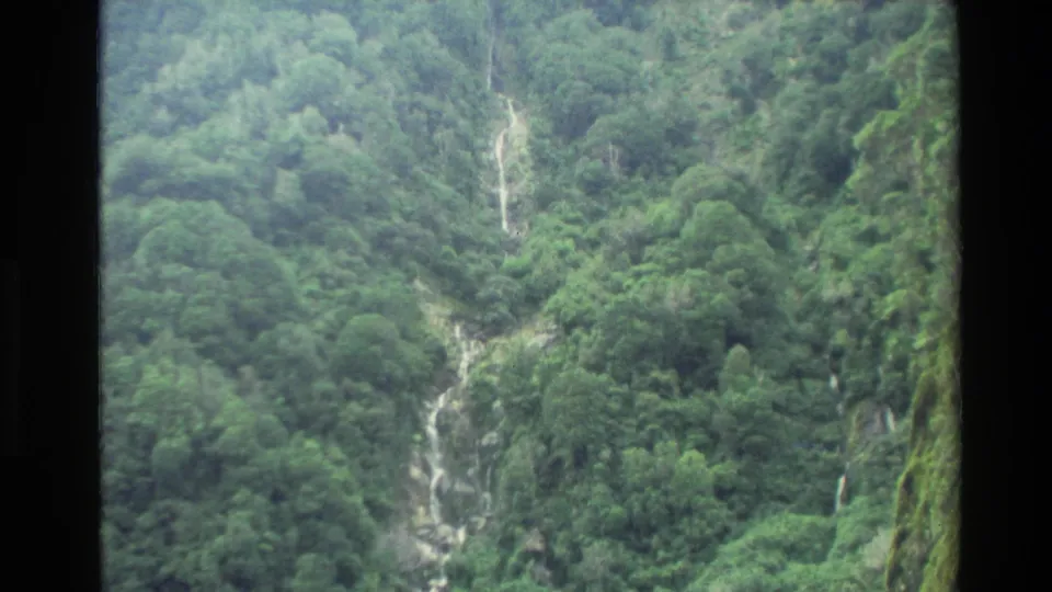 1982 New Zealand 8mm frame of a steep, densely forested mountainside crossed by a thin white waterfall.