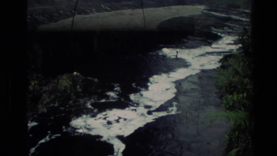 1982 New Zealand 8mm frame showing a foamy stream channel bordered by dark banks and foliage.