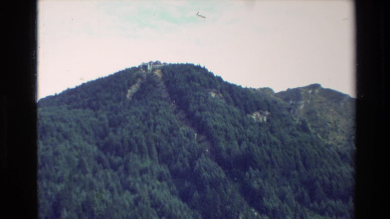 1982 New Zealand 8mm frame showing a forested mountain slope and a small distant hilltop structure beneath a pale sky.