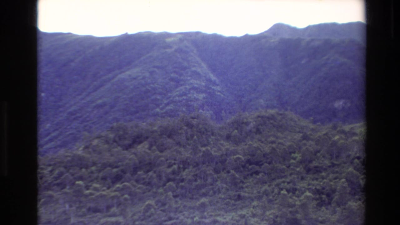 Forested mountain ridge seen beyond dark boat window framing.