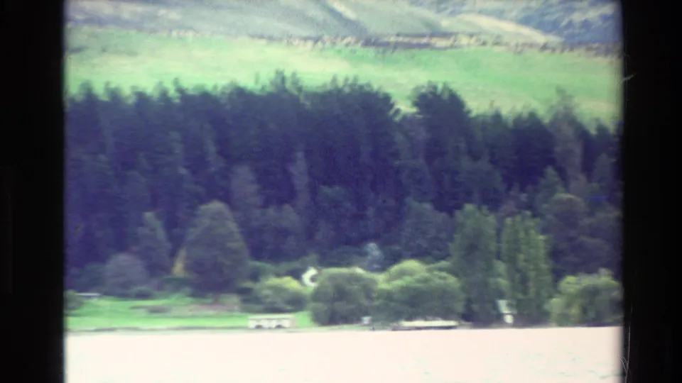 1982 New Zealand 8mm frame looking across bright lake water toward trees, shoreline vegetation, and green hillside.