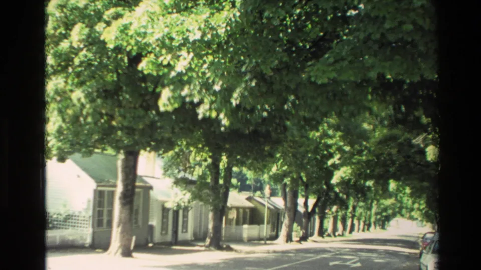 1982 New Zealand frame showing a quiet street lined with white cottages, picket fencing, and mature green trees.