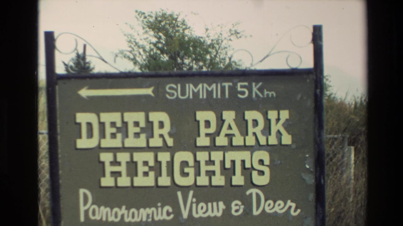 1982 New Zealand 8mm frame showing a Deer Park Heights sign with a summit direction and partial wording about panoramic views and deer.