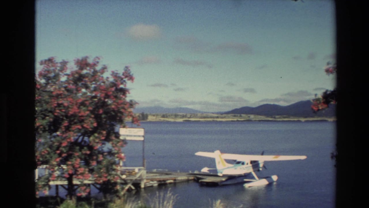 1982 New Zealand home-movie view of a white floatplane docked on calm lake water with hills and flowering branches around the frame.