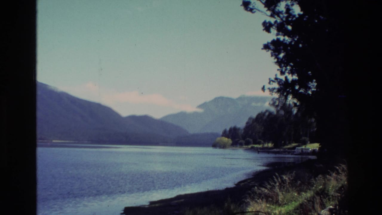 Lake and mountain view framed by dark trees along the shoreline.