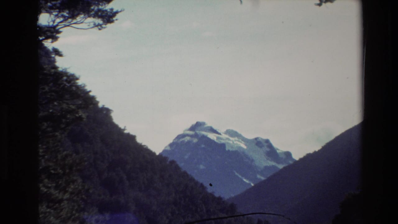 Snow-capped mountain seen between dark forested slopes beneath a pale sky.