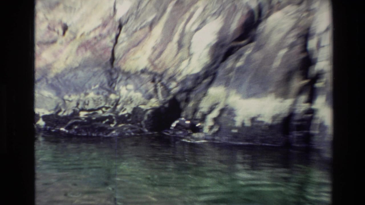 Rocky cliff and green water with a dark shape near the shoreline.