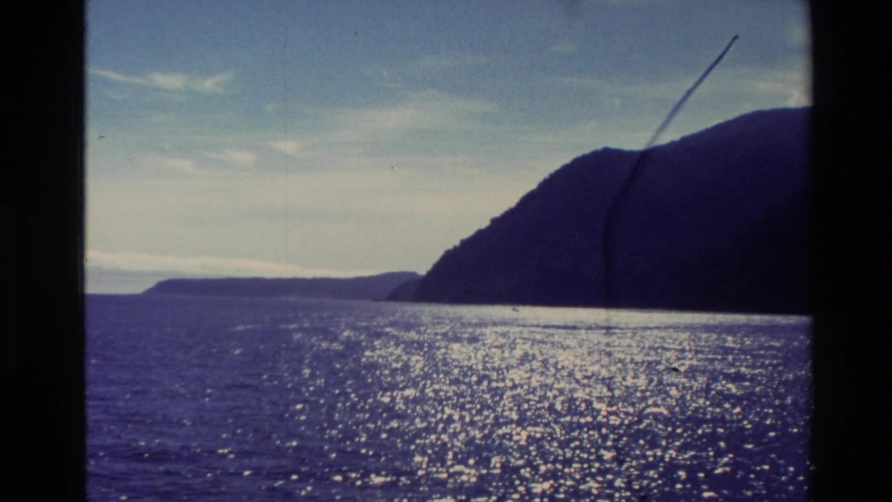 1982 New Zealand home-movie frame showing glittering blue water, a dark coastal mountain, and distant shoreline.