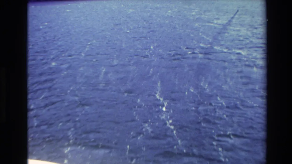 1982 New Zealand 8mm frame showing choppy blue ocean from a distant handheld viewpoint, with no clear people visible in this moment.