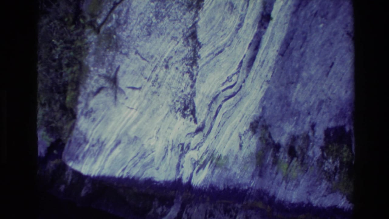 Layered rock formation seen close up with pale streaks, dark crevices, and aged color shift.