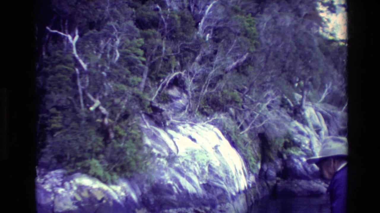 Rocky waterfall running through dense forest with dark film borders.