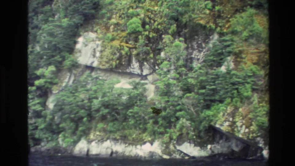 A close shoreline view shows dense vegetation and rocky cliff faces beside water, filmed with soft Super 8 motion blur.