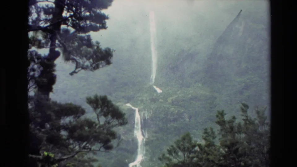 1982 New Zealand home-movie frame with a bright waterfall descending a green, mist-covered slope behind foreground tree branches.
