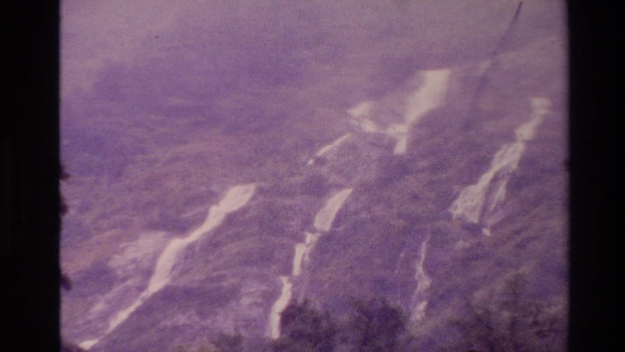 1982 New Zealand 8mm frame showing a distant tree-covered hillside in haze, with pale streaks on the slope and aged purple film color.