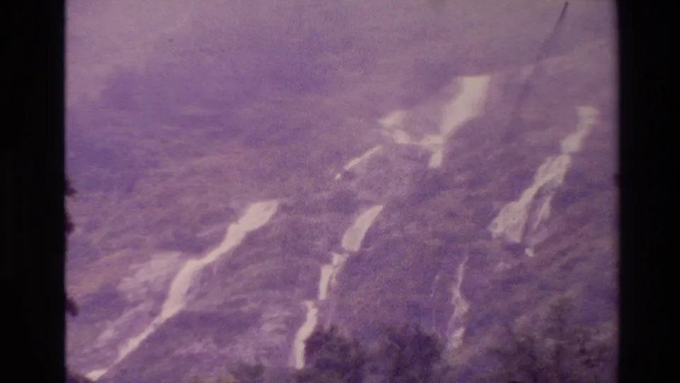 1982 New Zealand 8mm frame showing a distant tree-covered hillside in haze, with pale streaks on the slope and aged purple film color.