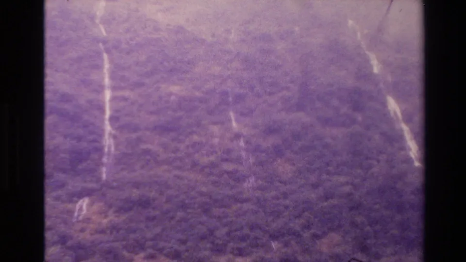 Aerial home-movie frame from New Zealand showing forested slopes, narrow pale waterways or gullies, and strong 8mm film wear.