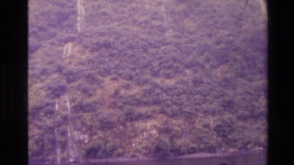 New Zealand 1982 aerial 8mm frame showing rugged forested land, possible rocky patches, pale channels, and visible film gate edges.