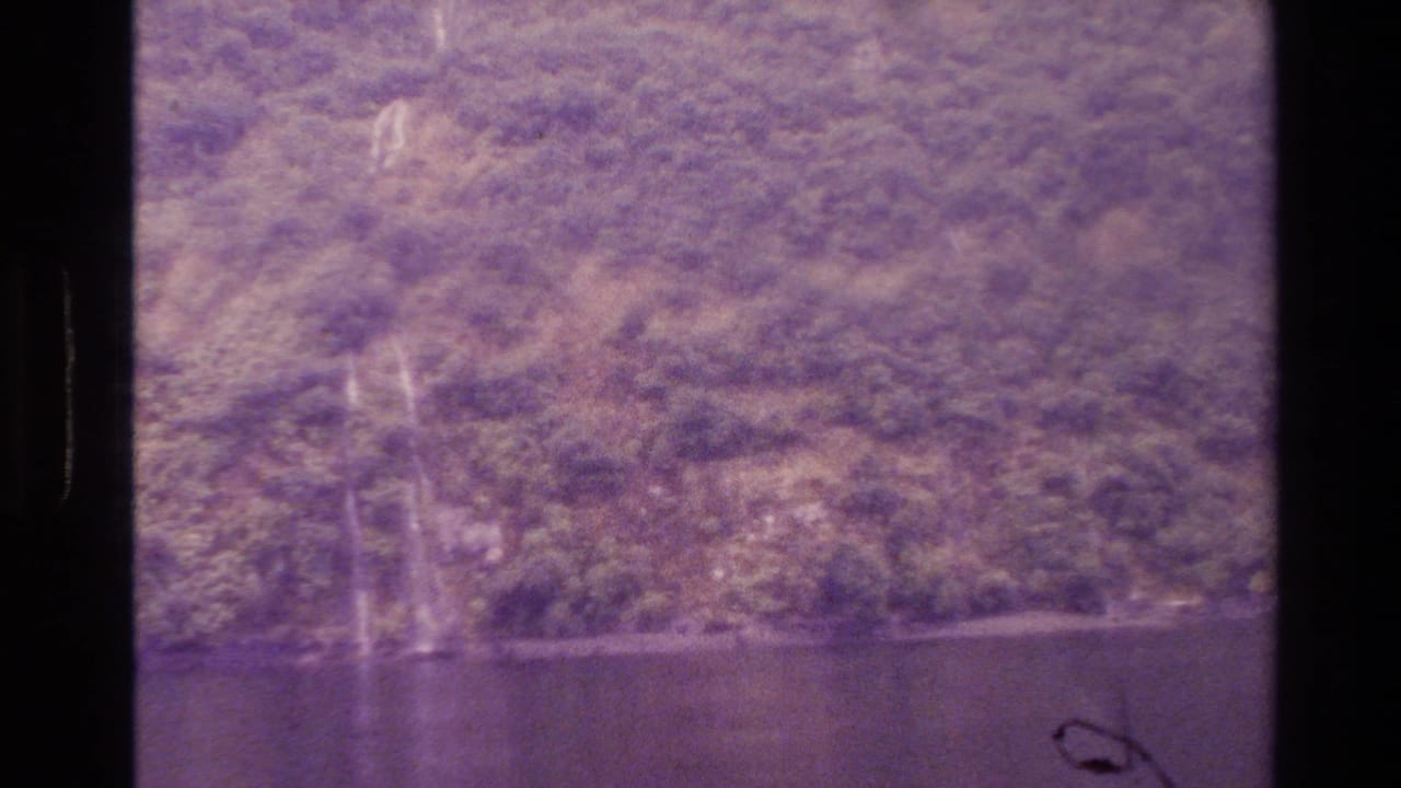 Forested mountain slope with dark water or shadow below and a faint pale waterfall at left.