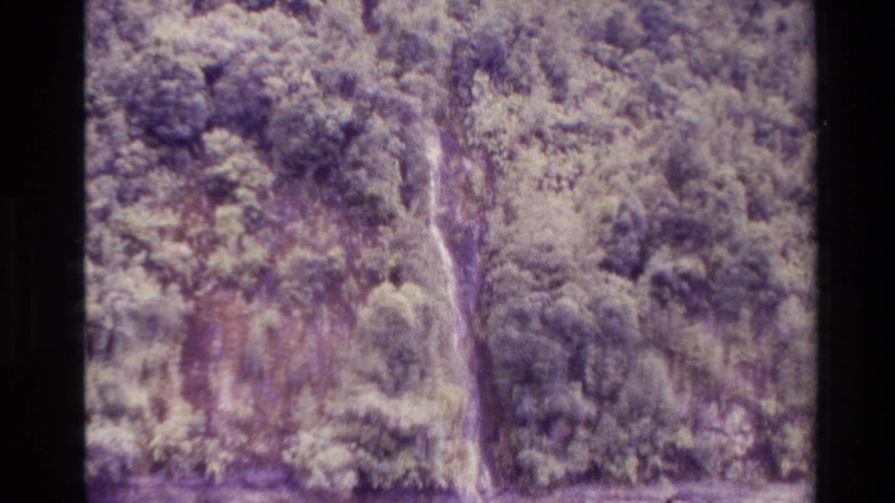 1982 New Zealand 8mm frame showing a narrow waterfall dropping through dense forest on a cliff, with aged purple-green film color.