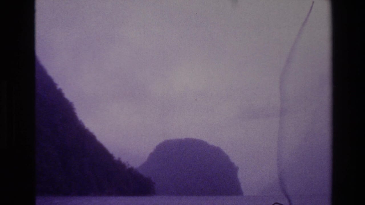 1982 New Zealand 8mm frame showing foggy water and rugged island silhouettes with visible film edge marks and faded color.