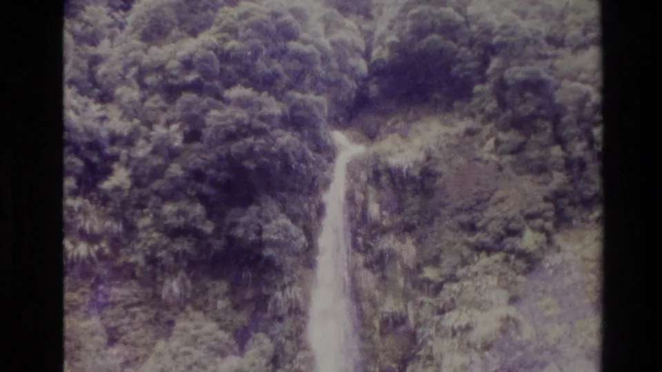 1982 New Zealand 8mm frame showing a waterfall descending through thick green forest with grain, softness, and faded color.