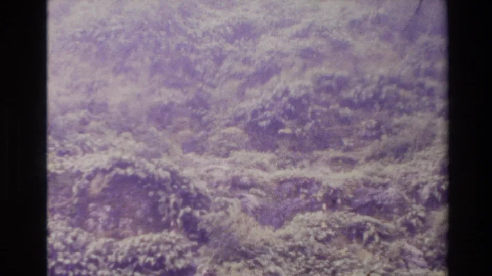 Soft 1982 New Zealand 8mm frame of dense forest and riverbank texture, with the waterfall mostly out of view.
